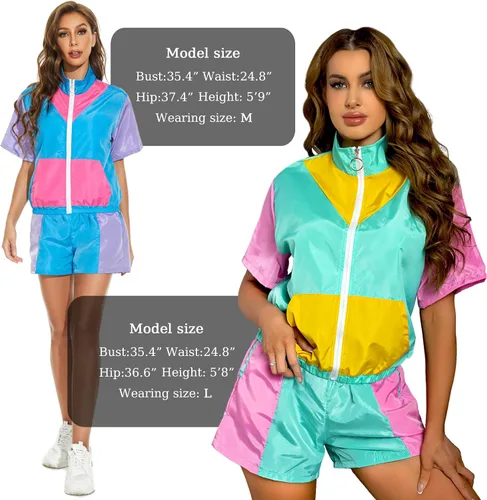 Vista 5 de Yisfri Conjunto de 2 piezas rompevientos con bloques de color para mujer, manga corta, cremallera frontal, cintura elástica