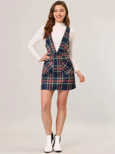 Vista 3 de Allegra K Vestido de mujer a cuadros con cuello en V, falda con tirantes