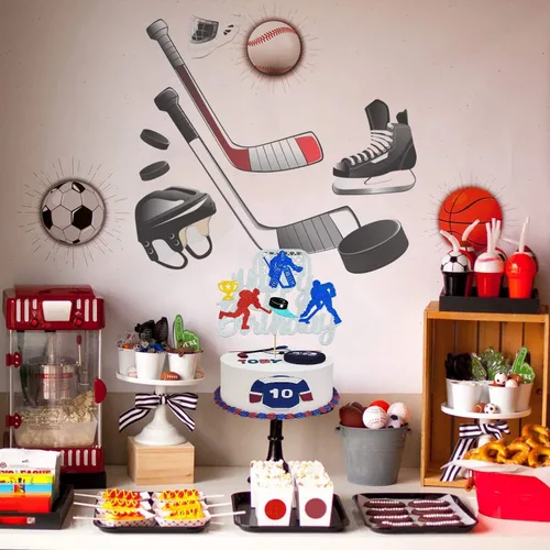 Vista 2 de Decoración para pastel de hockey sobre hielo Decoraciones de cumpleaños de hockey sobre hielo para niños, niñas, adultos – tema deportivo plateado