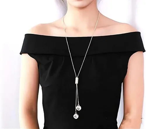 Vista 2 de Cathercing - Collar de cadena ajustable, larga y elegante con dije de diamantes de imitación, joyería única para mujeres y niñas, Plateado
