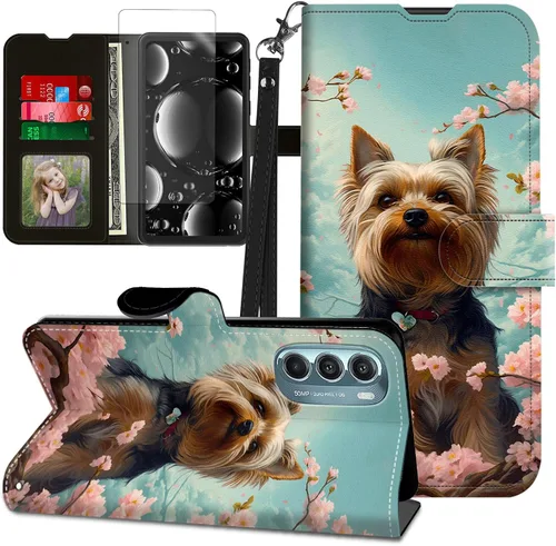 Vista 374 de Funda para Motorola Edge 2022 con protector de pantalla, soporte y tarjetero y correa para la muñeca, funda magnética para Moto Edge 2022 5G UW Lobo