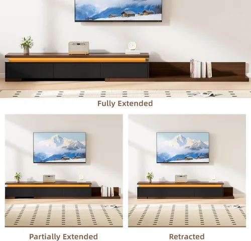Vista 5 de Soporte de TV extensible con luces LED (80 a 106 pulgadas), consola de TV moderna con 3 cajones, centro de entretenimiento reversible de madera