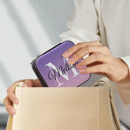 Vista 7 de Estuche de joyería de viaje personalizado de piel sintética con degradado morado caja de joyería portátil personalizada organizador de viaje caja