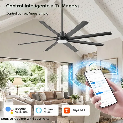 Vista 3 de 72 Inch Outdoor Ceiling Fan with Light, Modern Black Smart Ceiling Fan with Alexa/App/Remote Control, 8 Anti-Rust Aluminum Blades, High 9799 CFM