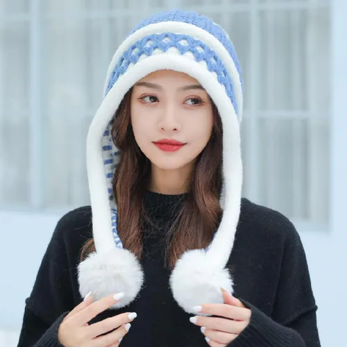 Vista 4 de HUAMULAN Gorro de invierno para mujer, con orejeras, con solapas, sherpa, esquí, nieve, forro polar, 3 pompones