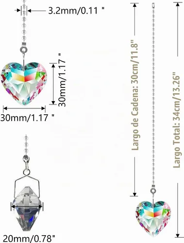 Vista 6 de Extensor de cadena para ventilador de techo, paquete de 2 colgantes decorativos de prisma de corazón de cristal de 12 pulgadas con conectores de AB