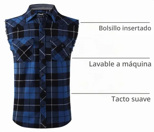Vista 4 de Camisa casual de franela a cuadros con broches sin mangas con bolsillo para hombre