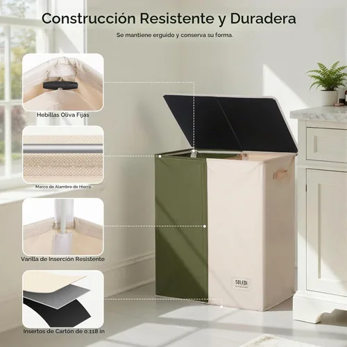 Vista 6 de SOLEDI Cesta de lavandería grande doble con tapa, cesta de ropa plegable de 2 secciones con bolsas extraíbles, cesta de lavandería que ahorra