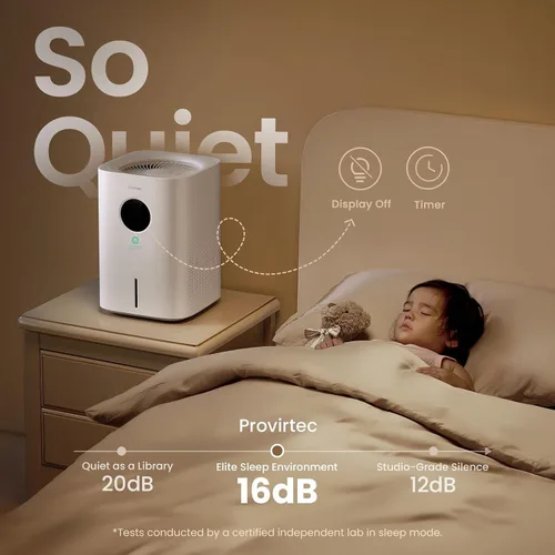 Vista 6 de Provirtec Humidificador evaporativo Pro Baby para dormitorio, sin niebla y sin polvo blanco, sin BPA y 16 dB, sueño silencioso para niños, 3 modos