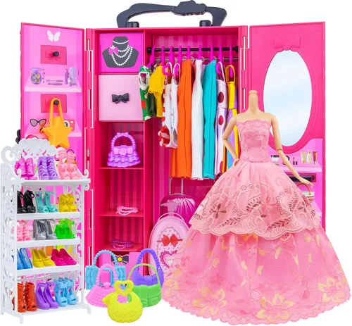 Vista 8 de Ecore Fun Armario de Guardarropa de Muñeca de Moda para Almacenamiento de Ropa y Accesorios de Muñecas - Lote de 102 Artículos que Incluyen Ropa