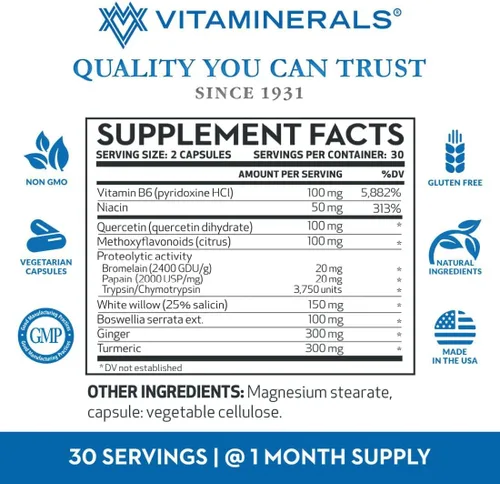 Vista 4 de Vitaminerals® 121+ Inflamax® Plus Manejo saludable de la inflamación Quercetina Enzimas proteolíticas Jengibre Cúrcuma Tapas vegetales