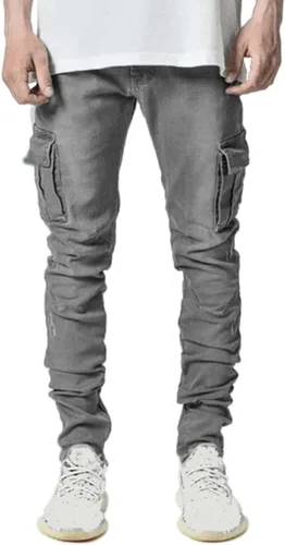 Vista 2 de HUNGSON Pantalones de mezclilla elásticos ajustados para hombre, jeans ajustados rasgados para hombre, pantalones de pierna recta desgastados