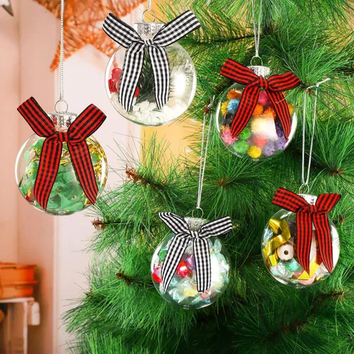 Vista 7 de Yookeer 64 Piezas Adornos Navideños Discos de Plástico Transparentes Iridiscentes Bolas Rellenables con Tapa Plateada y Lazos a Cuadros de Búfalo