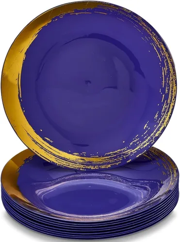 Vista 11 de SILVER SPOONS Platos de plástico con borde de pincel dorado para fiestas (10 unidades) Juego de vajilla desechable resistente de 10.25 pulgadas