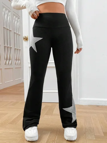 Vista 5 de COZYEASE Pantalones largos con estampado de estrellas y cintura elástica para mujer, pantalones largos con estampado geométrico