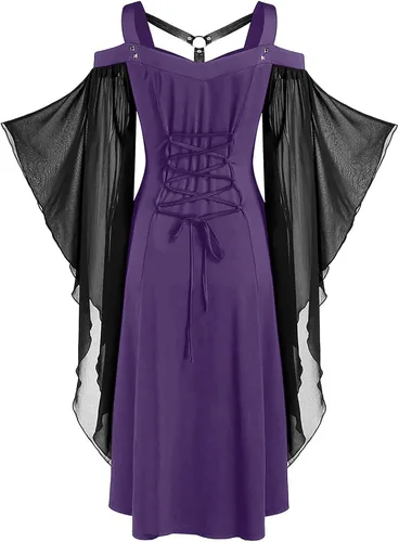 Vista 3 de Wkishenl Vestido gótico con mangas de mariposa para mujer, vestido punk transparente de malla, con tirantes delgados, vestido steampunk de Halloween