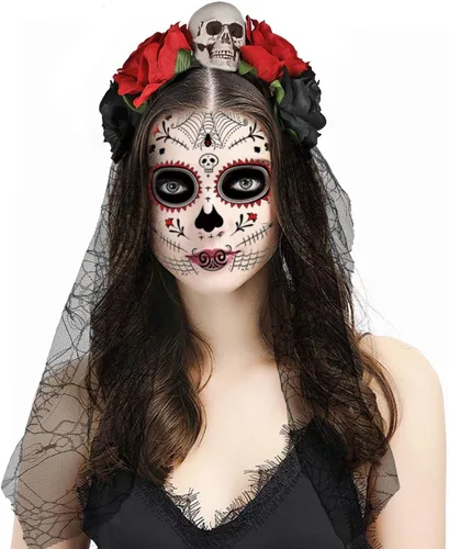 Vista 3 de HOWAF Diadema de Halloween, Día de los Muertos, tocado de rosa para festival, cosplay, diadema floral de Halloween, mujeres y adultos, accesorio