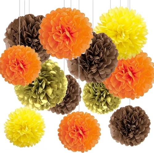 Vista 6 de Pompones de tejido negro y naranja, decoraciones colgantes - Paquete de fiesta (12 piezas)