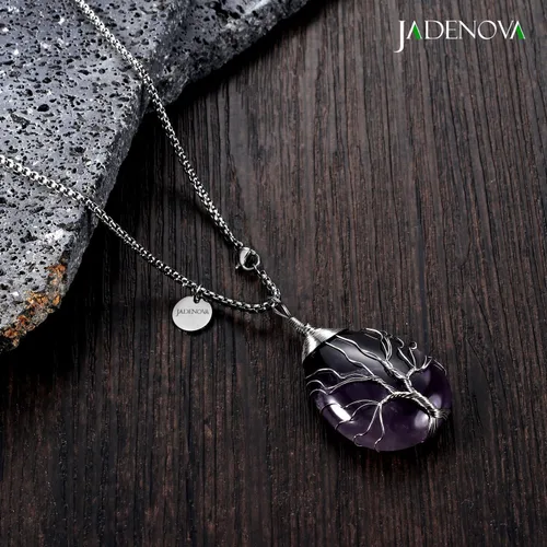 Vista 6 de JADENOVA Collar de cristal curativo para mujer, colgante de árbol de la familia, árbol genealógico, joyería envuelta en alambre, colgante de lágrima