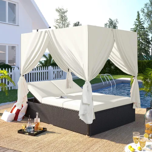 Vista 10 de Harper & Bright Designs Tumbona ajustable para exteriores con dosel, silla reclinable multiposición con cojín extraíble, tumbona de ratán resistente