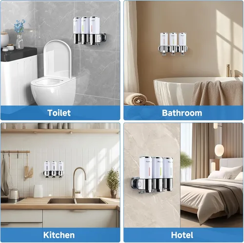 Vista 2 de Dispensador de champú y acondicionador, dispensador de jabón de ducha de 3 cámaras, sin taladro, dispensador de champú para ducha, dispensador