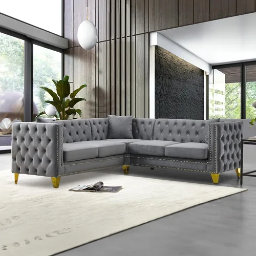 Vista 16 de Sofá de terciopelo de 3 plazas, cómodos sofás para sala de estar, sofá moderno con respaldo copetudo y decoración de remaches, sofá largo tapizado