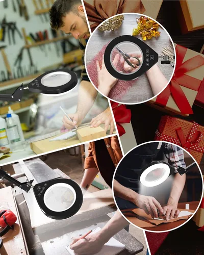 Vista 9 de Lupa con luz, lente 10X/5X, LED regulable, brazo oscilante, blanco Soporte de abrazadera, 5 colores y 10 de brillo, lámpara de aumento