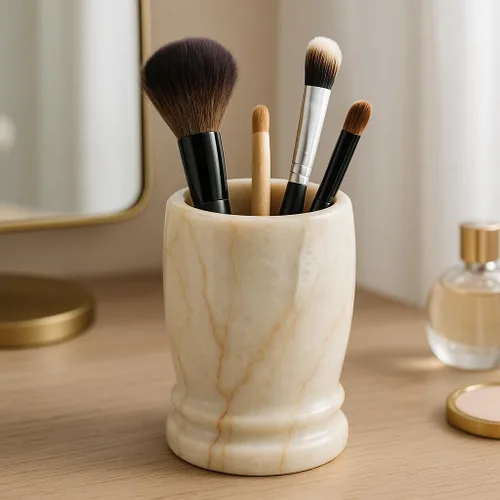 Vista 3 de Creative Home Colección de doble anillo de mármol champán natural, soporte para cepillos de dientes, soporte para brochas de maquillaje, organizador