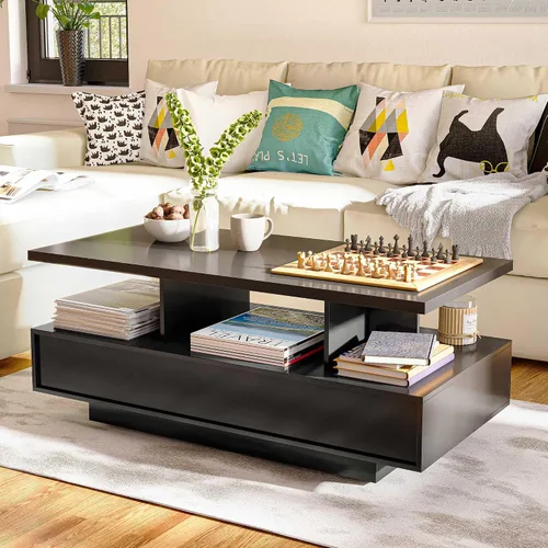 Vista 3 de LAUSAINT HOME Mesa auxiliar LED con almacenamiento, moderna mesa de centro iluminada de 2 niveles con aplicación y control remoto, más de 60,000