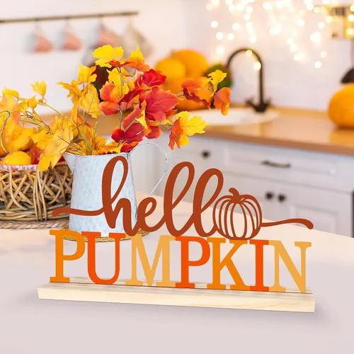 Vista 3 de COCHIE Letrero de Metal Hello Pumpkin, Decoraciones de Otoño Naranjas para Casa, Oficina, Estante, Repisa de Chimenea, Interior, Decoración