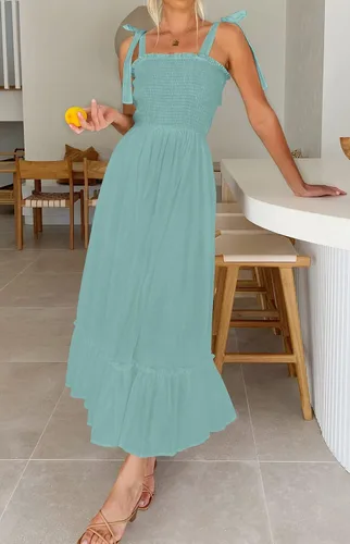 Vista 7 de ZESICA vestido bohemio y liso de verano para mujer, acampanado, con tirantes delgados, cuello cuadrado y volantes, vestido largo para la playa