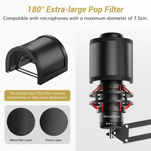 Vista 7 de TONOR Brazo de brazo de micrófono, brazo de micrófono ajustable con filtro pop extra grande, adaptador de tornillo de 3/8 pulgadas y 5/8 pulgadas