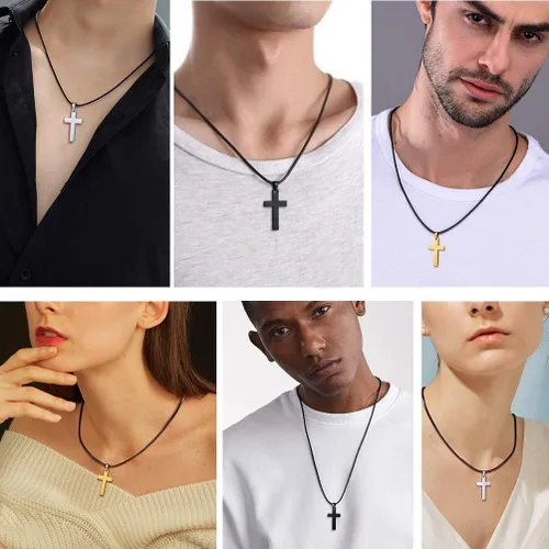 Vista 3 de Stainless Steel Pendant Necklace for Men Women Cool Punk Shark Teeth Necklace Cross Necklace Star of David Necklace Black Leather Cord Come Gift Box