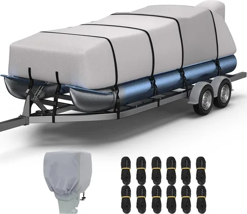 Vista 13 de RVMasking Cubierta para barco pontón con cubierta para motor, 1400D resistente reforzada en el medio, cubierta impermeable para barco de grado
