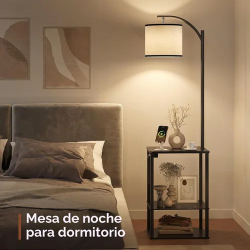 Vista 8 de Lámpara de pie SUNMORY con mesa, mesa auxiliar para sala de estar con lámpara, mesa lateral con estantes y estación de carga (puerto USB y AC)