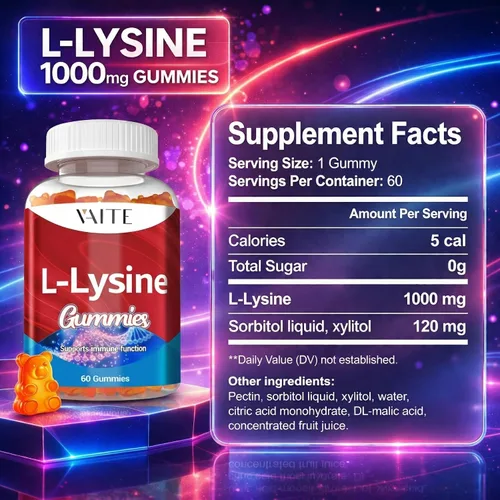 Vista 3 de Gomitas L-Lisina de 1000 mg – Apoya la piel, los labios, veganas, sin gluten, 60 lisina masticables para adultos, vitaminas de los tejidos