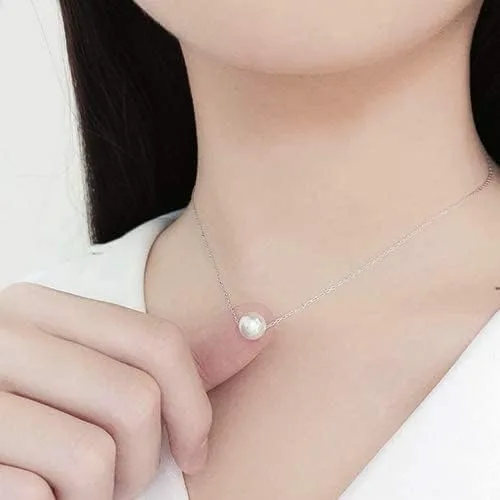 Vista 6 de Gargantilla flotante de plata de ley 925 con perlas de concha de 0.315in, collar de dama de honor para mujer, color blanco (CYX0009), Perla, Perla