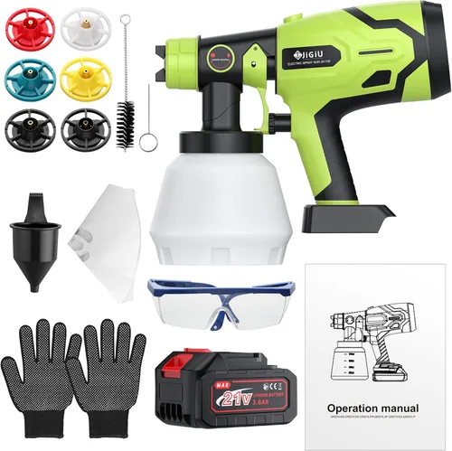Vista 7 de Pistola pulverizadora de pintura inalámbrica HVLP con batería de 21 V, pistola de pintura eléctrica de 300 W, tanque de 33.8 fl oz, 6 boquillas y 3