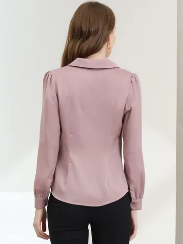 Vista 5 de Allegra K Blusa de satén con botones de manga larga para mujer, elegante cuello