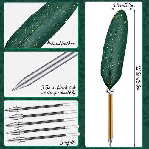 Vista 2 de Bolígrafo de plumas y soporte de bolígrafo de metal vintage, tinta negra, pluma de plumas vintage con 5 piezas de repuesto para boda, firma