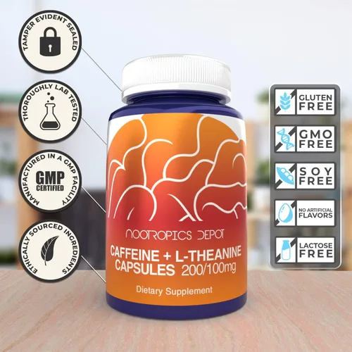 Vista 7 de Nootropics Depot Cápsulas de cafeína y L-teanina 60 unidades Contiene 200 mg de cafeína y 100 mg de L-teanina Suplemento natural Potenciador