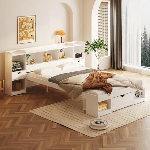 Vista 18 de Cama de plataforma de tamaño individual con cabecera de almacenamiento y taquillas, cabecera de almacenamiento multifuncional con 3 estantes Gris-t