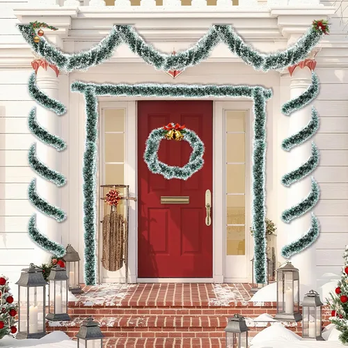 Vista 7 de Guirnalda de oropel verde de 50 pies para árbol de Navidad, decoraciones brillantes metálicas colgantes para decoración de árbol de Navidad