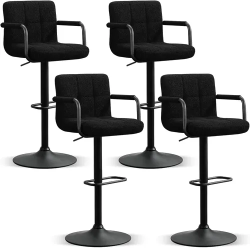 Vista 22 de Furniliving Taburetes de bar ajustables con respaldo, juego de 2 taburetes de bar negros, taburetes de bar de terciopelo con giro de 360°, taburetes