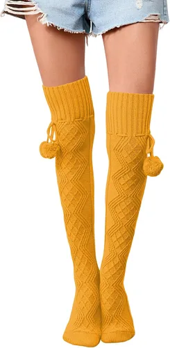 Vista 24 de SherryDC Calcetines de punto trenzado hasta el muslo para mujer, medias de bota extra largas de invierno, calentadores de piernas 1 - Blanco