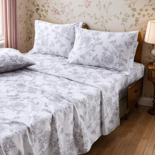 Vista 16 de FADFAY Juego de sábanas bajeras de tamaño individual color gris con estampado floral blanco con bolsillo profundo, súper suaves, de fácil cuidado