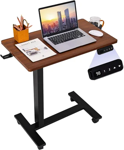 Vista 8 de Mesa eléctrica para colocar sobre la cama con ruedas, altura ajustable, mesa auxiliar reclinable, en forma de C, pequeño escritorio para computadora
