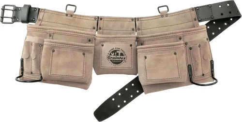 Vista 8 de Graintex Cinturón de herramientas de cuero de gamuza profesional de 11 bolsillos, bolsa de herramientas, color verde lima, cinturón de cuero/correa
