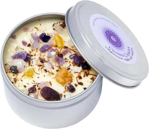 Vista 7 de New Moon Beginnings Crown Chakra Candle - Velas de chakras - Velas de té de flores secas, hierbas y cristal, aromaterapia, picante, cálido