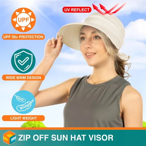 Vista 31 de SUN CUBE Sombrero de sol para mujer para protección UV al aire libre, sombrero de sol de ala ancha, cola de caballo, sombrero de playa convertible